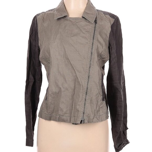 EILEEN FISHER Earthtones Colorblock Off-Side Zip Organic Linen Jacket Size L - Picture 1 of 5